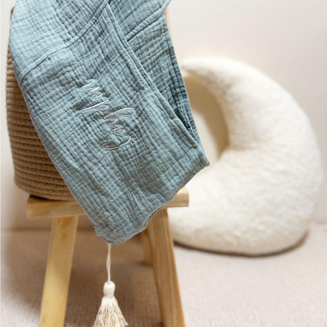 personalised 100days baby gift set muslin hood swaddle green