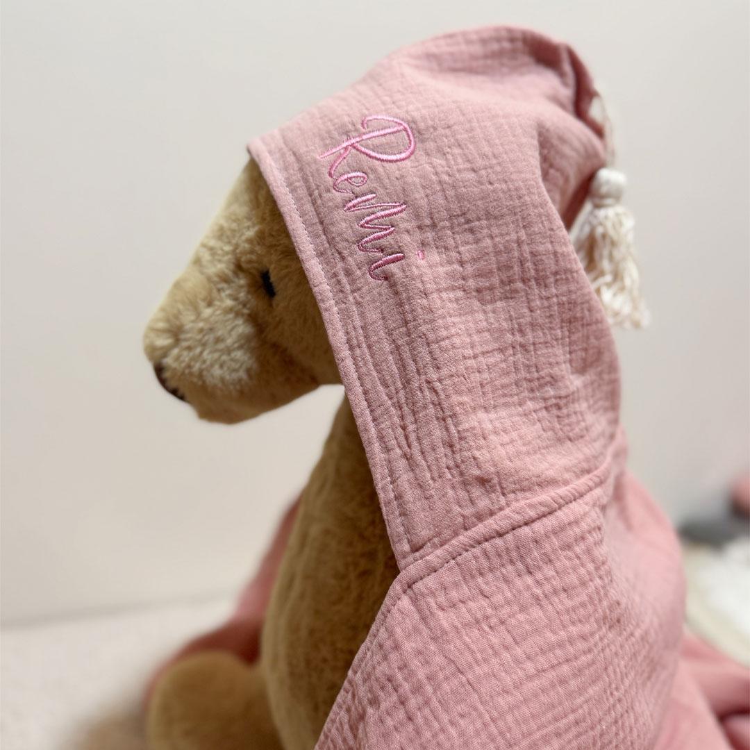 personalised 100 days newborn muslin hood swaddle pink