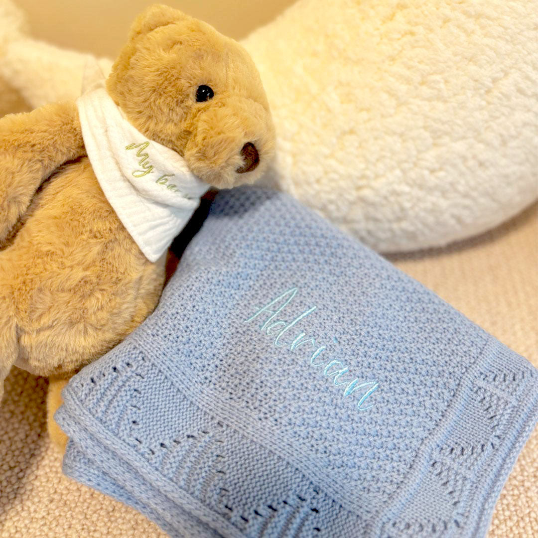 personalised gift set blue blanket